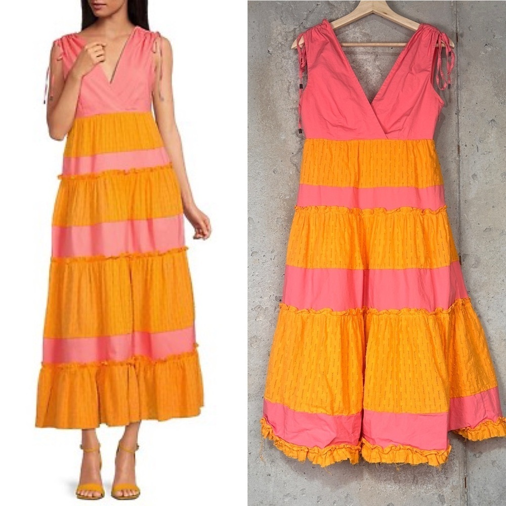 LDT pink orange colorblock striped fit flare sleeveless midi dress 0 xs